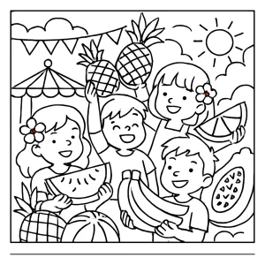 Deti na karnevale tropického ovocia – omalovánka, coloring page na vyfarbenie pre deti