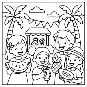 Omalovánka Deti na tropickom ovocnom karnevale – coloring page pre deti na vytlačenie