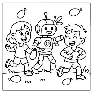 Omaľovánka coloring page: deti a roboti v bitke vodnými balónikmi pripravená na vyfarbenie