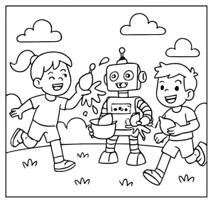 Robotická vodná balónová vojna pre deti – omalovánka na vytlačenie zdarma