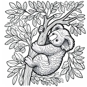 Koala visí na konári stromu, omaľovánka pre deti