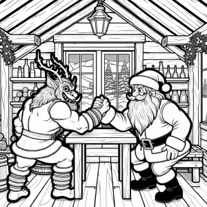 Krampus a Santa súťažia v pretláčaní – coloring page na vytlačenie