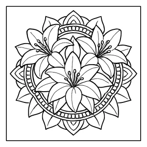 Mandala s kvetmi ľalie - omalovánka na vytlačenie, coloring page na vyfarbenie
