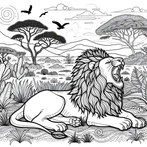 Lev reve na savane s trávou a oblohou - omaľovánka na vytlačenie, coloring page pre deti