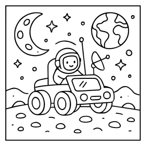 Lunárny rover na Mesiaci – omaľovánka, coloring page pre deti na vytlačenie