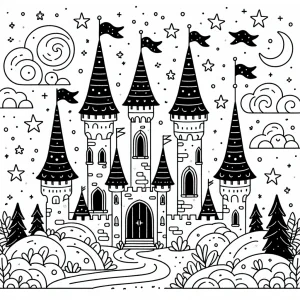 Magický zámok s vlajkami a hviezdami - omalovánka na vytlačenie pre deti