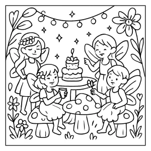 Magical garden fairy party coloring page - omalovánka s vílami, hubovými stoličkami a svetielkami na vymaľovanie