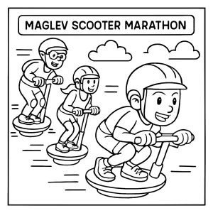 Maratón na maglev kolobežkách – coloring page omalovánka na vytlačenie pre deti