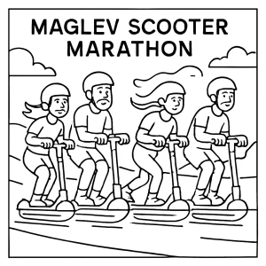 Maratón na maglev kolobežkách - omalovánka, coloring page na vyfarbenie pre deti