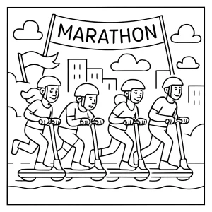 Omalovánka coloring page: maratón na maglev kolobežkách s pretekármi v meste