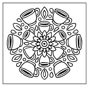 Omaľovánka Mandala z kávových šálok na vymaľovanie a vytlačenie