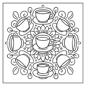 Mandala z kávových šálok – omalovánka na vyfarbenie zdarma, coloring page pre deti aj dospelých