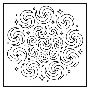 Galaktická mandala so špirálami – omaľovánka na vytlačenie, coloring page pre deti a dospelých