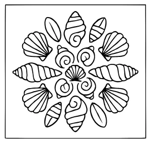 Mandala z morských mušlí – omalovánka na vyfarbenie, detailný coloring page zdarma pre deti aj dospelých