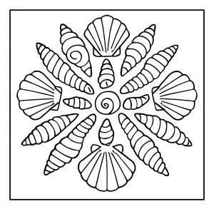 Mandala z morských mušlí – omalovánka, coloring page zdarma na vytlačenie