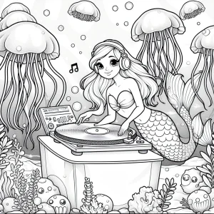 Morská panna DJ omalovánka – coloring page s podmorskou párty a medúzami na vyfarbenie