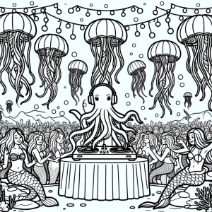 Podmorská rave párty – morská panna a DJ chobotnica omalovánka, coloring page na vyfarbenie
