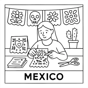 Mexiko papel picado omalovánka – coloring page s tradičnými papierovými ozdobami na vyfarbenie