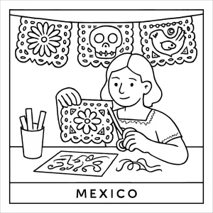 Omalovánka mexické papierové vlajočky – papel picado coloring page na vytlačenie zdarma