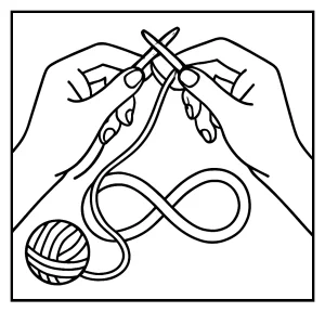 Omalovánka rúk, ktoré pletú priadzu do tvaru symbolu nekonečna – coloring page pre deti a dospelých