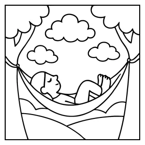 Omalovánka: dieťa na hamaku pozoruje oblaky – mindfulness coloring page