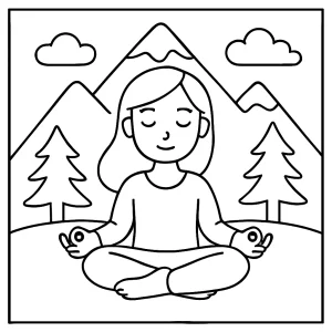 Omalovánka s horou a dýchacím cvičením – mindfulness coloring page pre deti na vytlačenie
