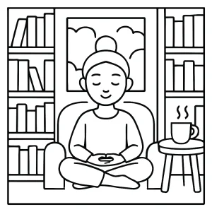 Pokojný knižničný kútik – coloring page omalovánka na vyfarbenie zdarma