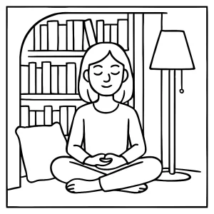 Mindfulness practice: quiet library nook omaľovánka – coloring page vhodná pre deti a dospelých zadarmo na vytlačenie