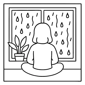 Mindfulness meditácia pri okne v daždi – omalovánka na vytlačenie, coloring page zdarma