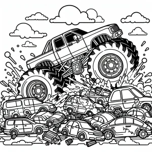 Omaľovánka monster truck drví autá - omaľovánka na vytlačenie zdarma