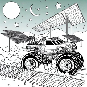 Elektrický monster truck pretekajúci cez solárne panely – omalovánka na vyfarbenie