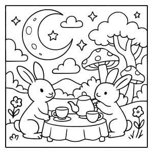 Mesačný zajac na čajovom večierku v rozprávkovom svete - omalovánka na vyfarbenie, coloring page pre deti