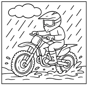 Motokrosový pretekár v daždi - omalovánka na vytlačenie pre deti