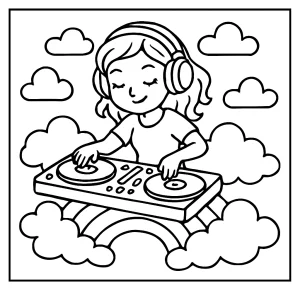 DJ dievča mixujúce vinyl na dúhových obláčikoch - omalovánka na vytlačenie a vyfarbenie zdarma