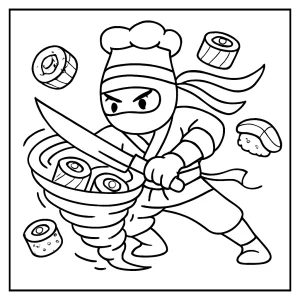 Ninja šéfkuchár krájajúci sushi v tornáde - omalovánka, coloring page pre deti