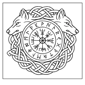 Nordická rune mandala s vlkmi a uzlovým vzorom - omalovánka na vyfarbenie pre deti aj dospelých
