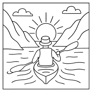 Norwegian midnight-sun kayaking between fjords coloring page – omaľovánka s kajakom vo fjordoch pod polnočným slnkom