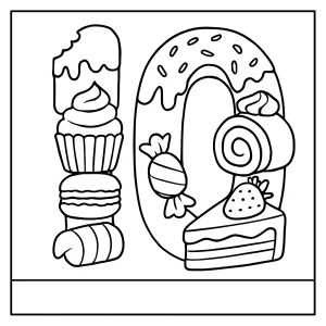 Omalovánka číslo 10 vytvorená zo sladkých dezertov - coloring page na vyfarbenie pre deti