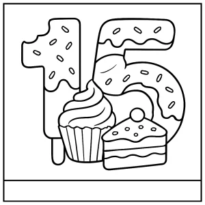 Číslo 15 vytvorené zo sladkých dezertov - omaľovánka pre deti, coloring page na vytlačenie