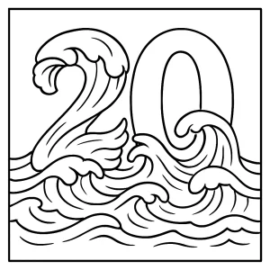 Omaľovánka s číslom 20 vytvoreným z oceánskych vĺn, coloring page na vytlačenie