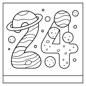 Omalovánka s číslom 24 vytvoreným z planét vesmíru, coloring page na vytlačenie