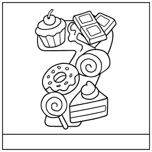 Omalovánka čísla 7 zloženého zo sladkých dezertov, coloring page na vytlačenie