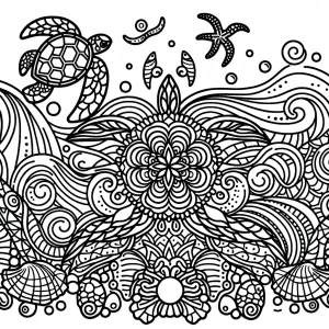 Mandala oceánske vlny s morskými korytnačkami a mušľami – omalovánka na vytlačenie, coloring page pre deti aj dospelých