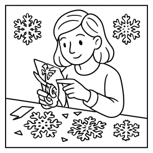 Papercraft artist cutting snowflakes coloring page – omalovánka na vytlačenie zdarma