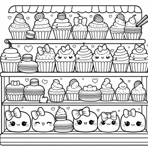 Kawaii pekáreň coloring page – omalovánka s pastelovými koláčikmi a makrónkami, ktoré sa usmievajú