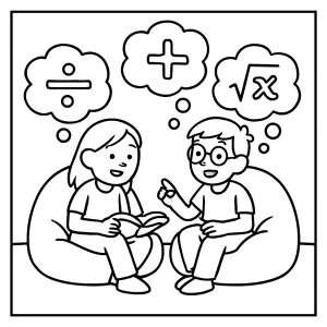 Peer-tutoring corner coloring page s fazuľovými vakmi a matematickými bublinami na vyfarbenie