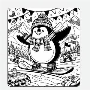 Tučniaky na snowboardoch omalovánka – zimná coloring page pre deti na vytlačenie