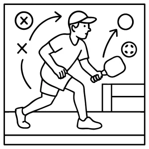 Pickleball omalovánka – coloring page s atlétom a taktickým diagramom na vytlačenie