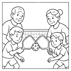Seniori a juniori v pickleball turnaji – športová omalovánka coloring page pre deti na vytlačenie
