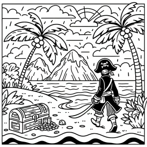 Pirátsky ostrov s pokladom – omalovánka na vytlačenie zdarma, obrázok piráta, truhlice, paliem a mapy na coloring page